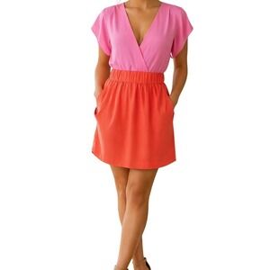 H&M Pink Orange Colorblock V-Neck Mini Dress with Pockets Size 12 Summer Wrap